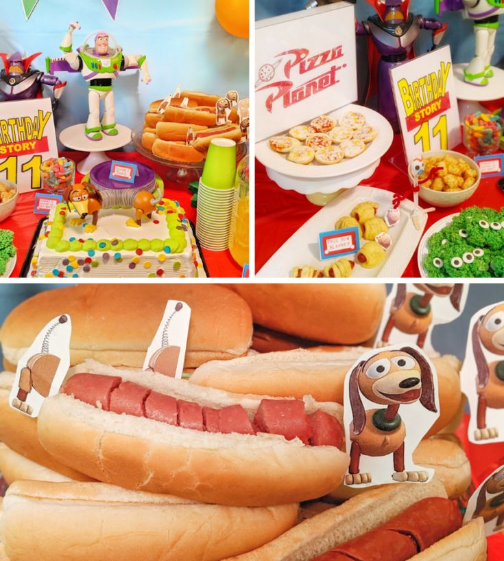 there are pictures of hot dogs and other foods on the table at this toy story birthday party