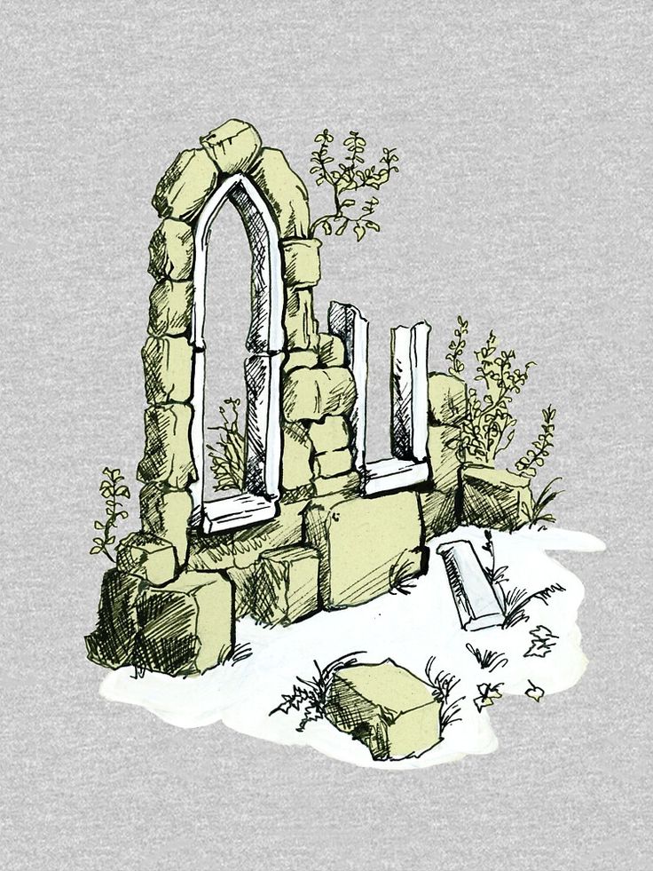 a drawing of a stone arch in the snow