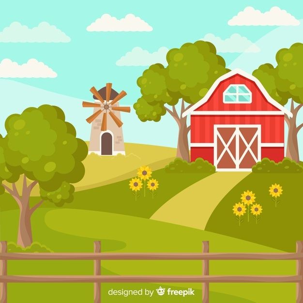 a farm scene with a red barn and sunflowers