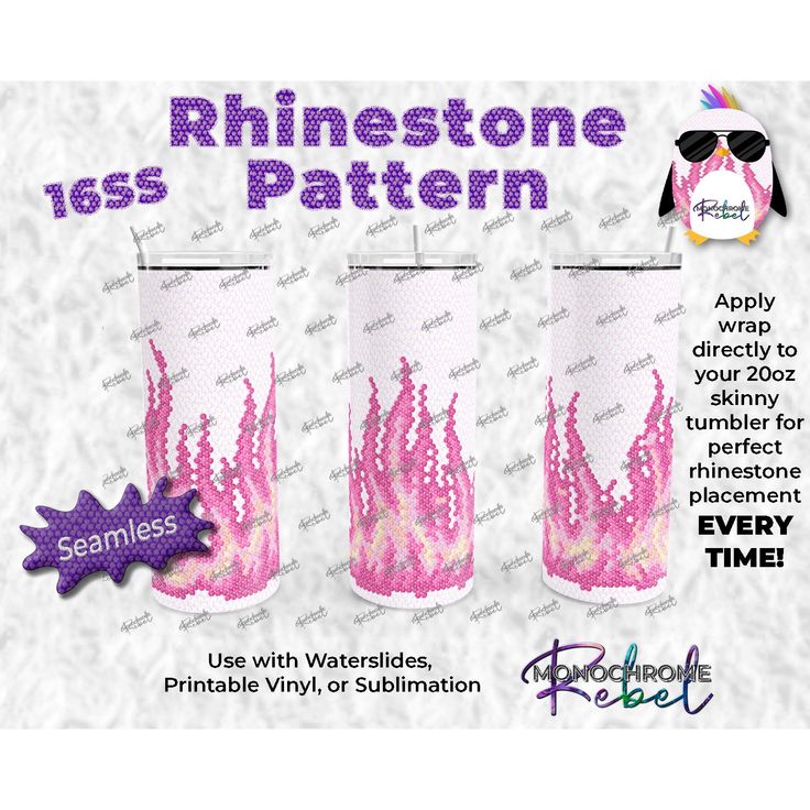 three pink tumblers with flames on them and the text, rhinostone pattern