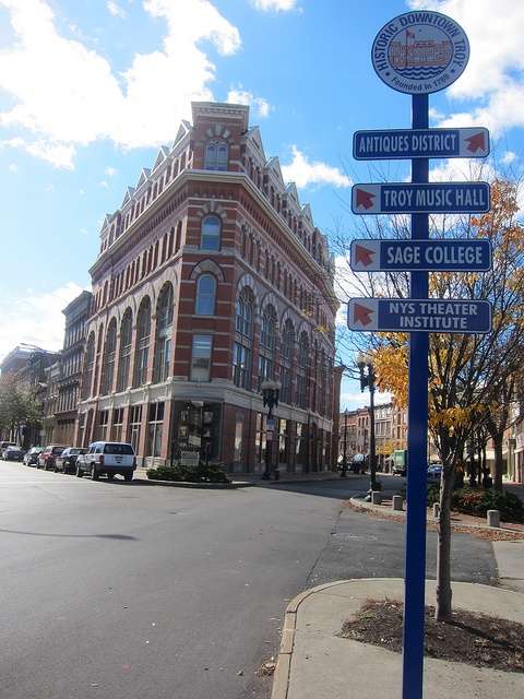 a street sign in front of a large building