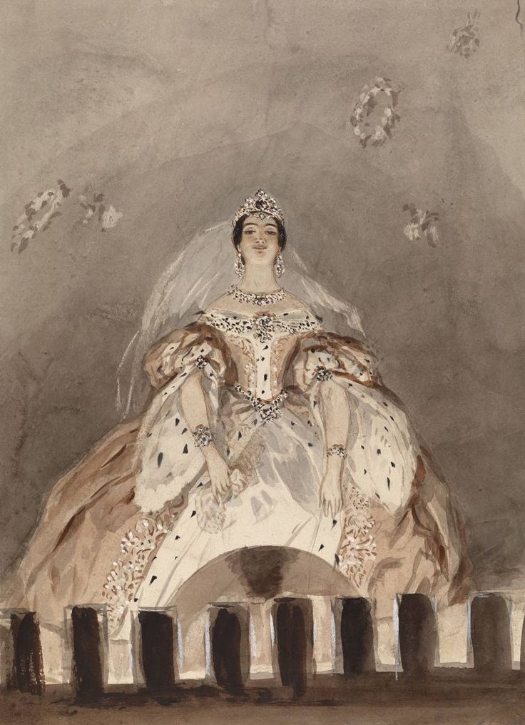 a painting of a woman in a white dress and tiara sitting on a bench