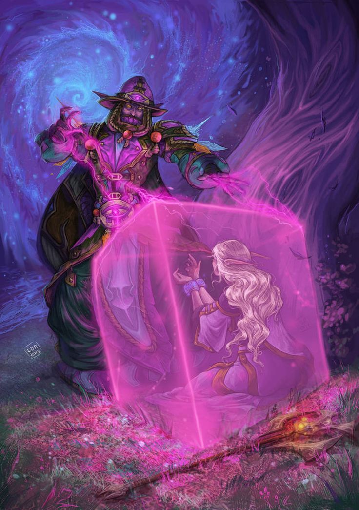 an image of a woman and a man in front of a purple box with light coming from it