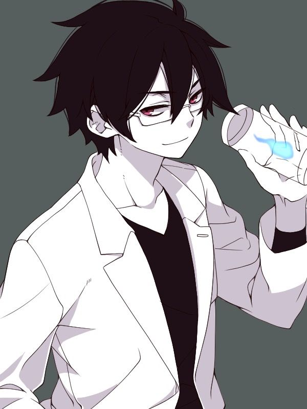 an anime character with black hair and glasses holding a light blue object in his hand