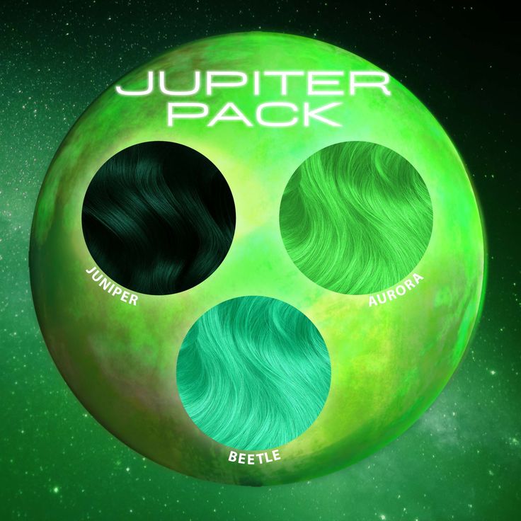 Get an out-of-this-world ombre with our Jupiter Pack! 3 shades of green to blend a custom color or create the perfect fade.Includes:1 jar Beetle1 jar Juniper1 jar Aurora Ingredients Water/Aqua/Eau, Cetyl alcohol, Stearyl alcohol, Behentrimonium chloride, Glycerin, Stearalkonium chloride, Cetrimonium chloride, Carthamus tinctorius (hybrid safflower) seed oil, Sorbic acid, Hydrolyzed oat protein, Hydrolyzed rice protein, Phenoxyethanol, Parfum/Fragrance, May contain: CI 51004, CI 52015, CI 42600, Lunar Tide, Cassandra Tangled, Dyed Hair Pastel, Hair Dyes, Rice Protein, Semi Permanent Hair Color, Custom Shades, Permanent Hair Dye, Platinum Hair