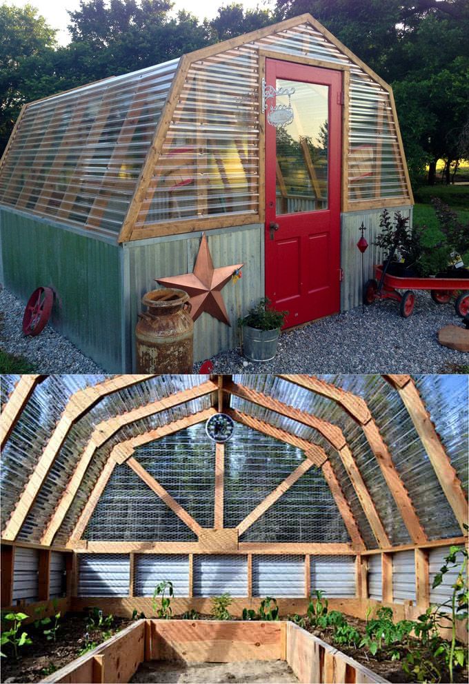 an old greenhouse has been transformed into a garden shed