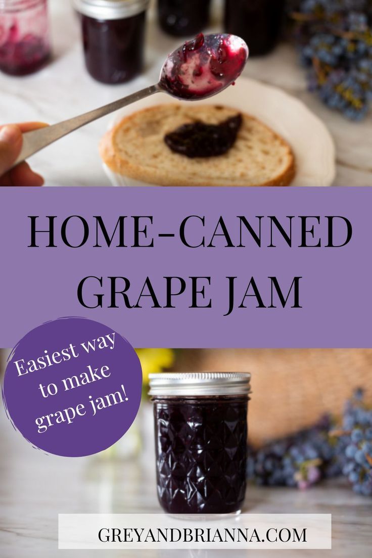 a spoon full of jam with the words home - canned grape jam on it