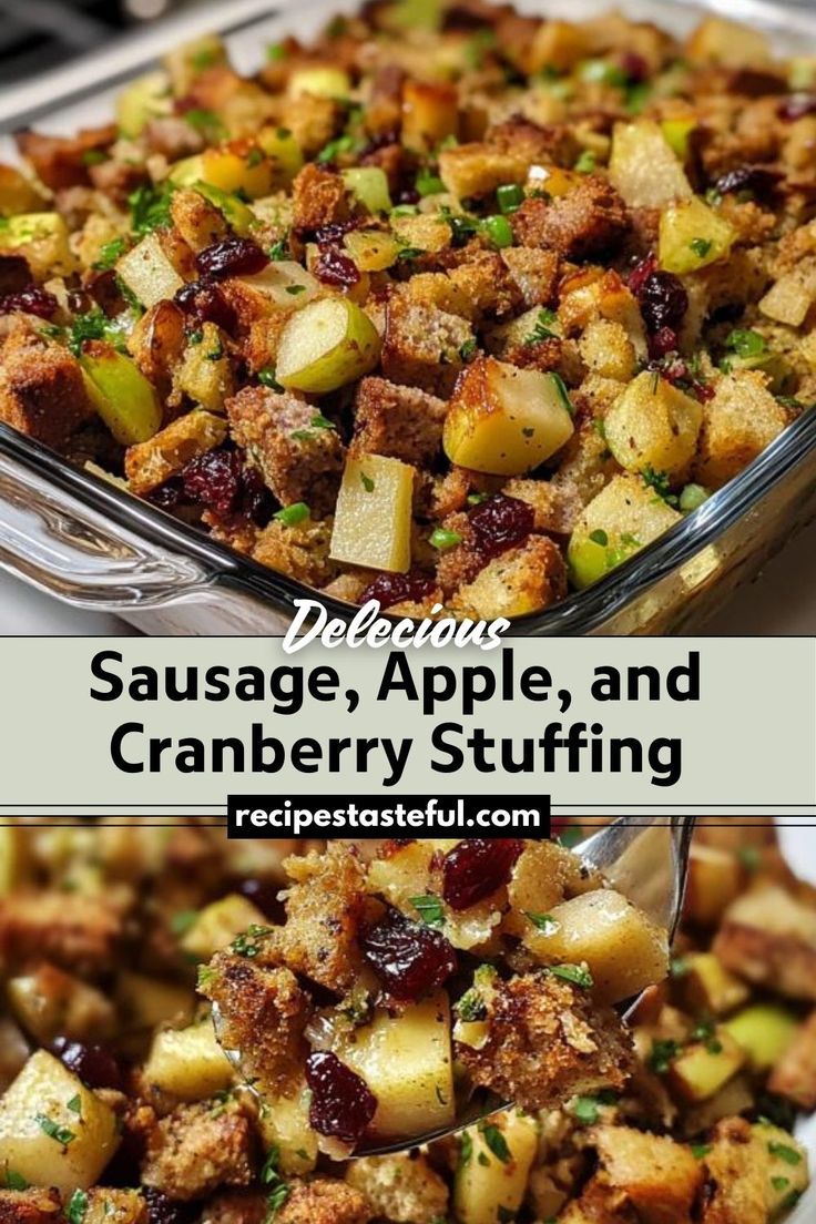 sausage, apple, and cranberry stuffing in a casserole dish with text overlay