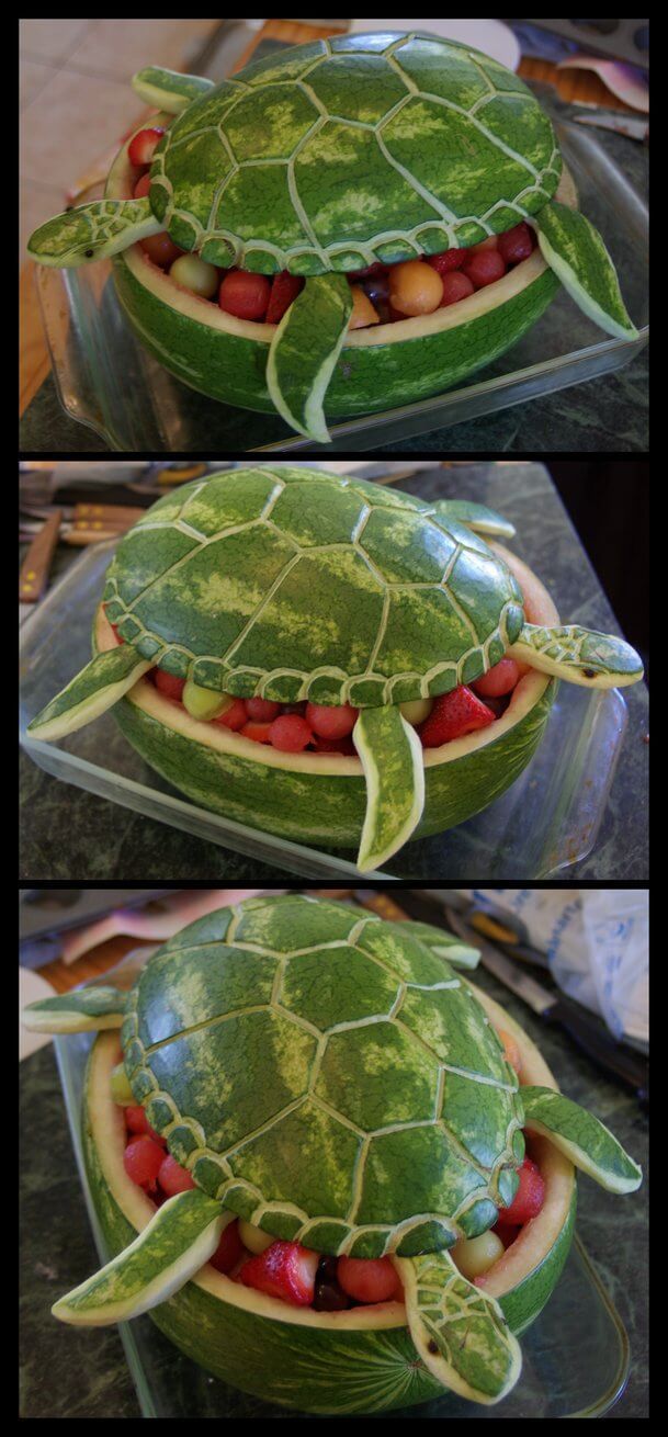 a turtle made out of watermelon and strawberries