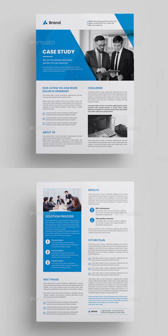 a blue and white business brochure is shown