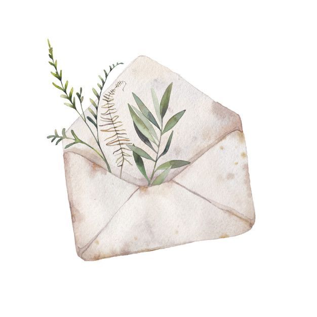 an envelope with leaves on it is shown in this watercolor painting by artist elizabeth moore