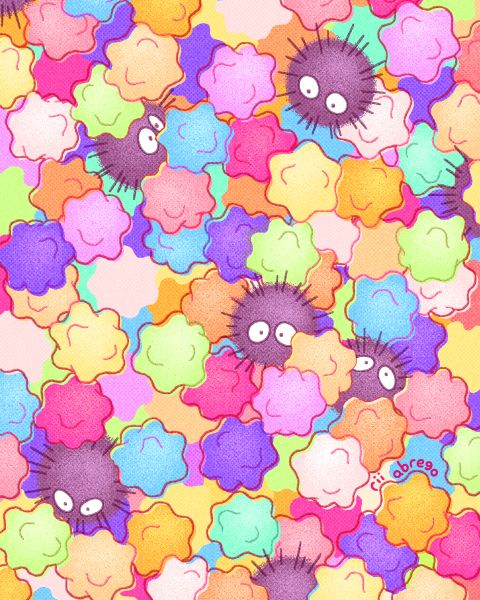 an image of many different colored puffs in the air with one eye open and two eyes closed