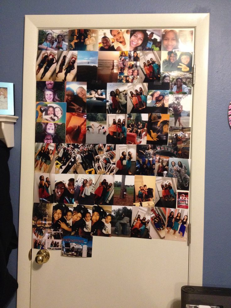 a door covered in pictures and magnets