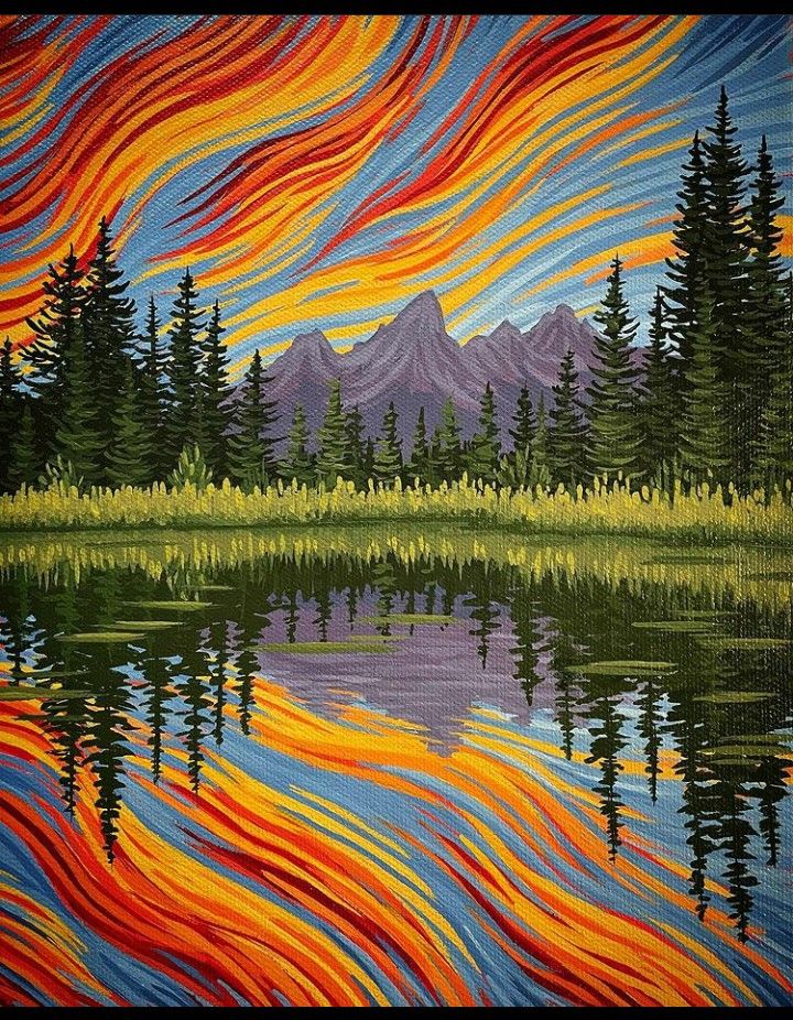 an oil painting of mountains and trees reflected in the water with colorful stripes coming from them