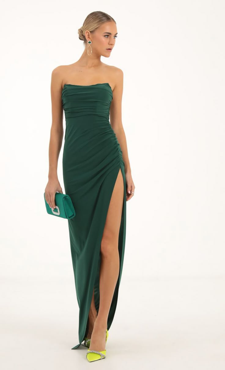 Sana Corset Strapless Maxi Dress in Green | LUCY IN THE SKY Green Corset Dress, Green Wedding Guest Dresses, Strapless Green Dress, Green Formal Dresses, Long Green Dress, Emerald Dresses, Green Corset, Dark Green Dress, Strapless Prom Dresses