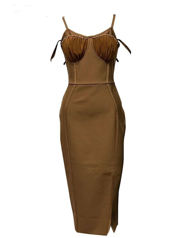 Composition: Cotton, Polyester, Synthetic Fiber Designer Style ID: FP21122343 Fitted Brown Midi Dress For Party, Fitted Sleeveless Ruched Corset Dress, Sleeveless Lined Corset Dress For Cocktails, Sleeveless Bodycon Corset Dress With Ruched Detail, Fitted Brown Corset Dress, Brown Fitted Corset Dress, Fitted Brown Bodycon Dress With Spaghetti Straps, Brown Fitted Bodycon Dress With Spaghetti Straps, Sleeveless Fitted Corset Dress For Cocktail