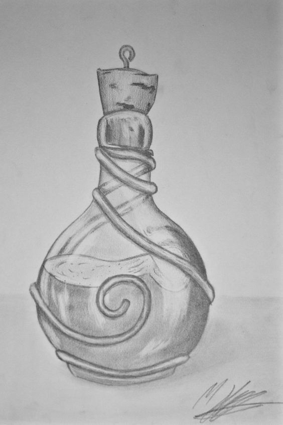 a drawing of a glass bottle with a spiral design on it