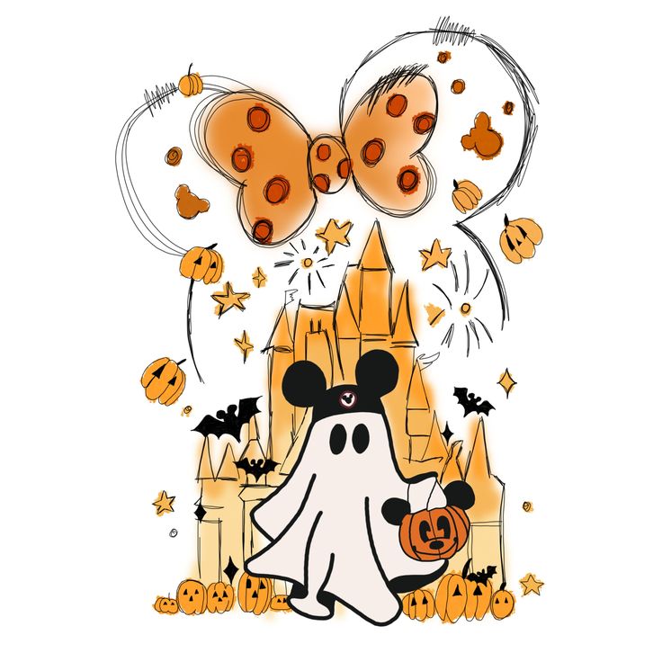 a mickey mouse halloween scene with pumpkins and castle in the background is drawn by hand