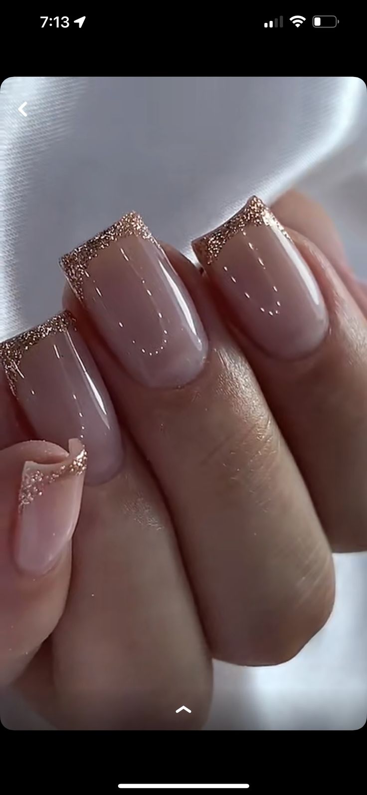 Champagne French Manicure, French Gold Glitter Nails, Gold Glitter Nails Square, Clear Dip Nails With Design, Rose Gold Nails French Tip, Gold Glitter French Tip Nails Square, French Nails With Gold Glitter, Rose Gold Glitter French Tip Nails, Gold Bridesmaid Nails