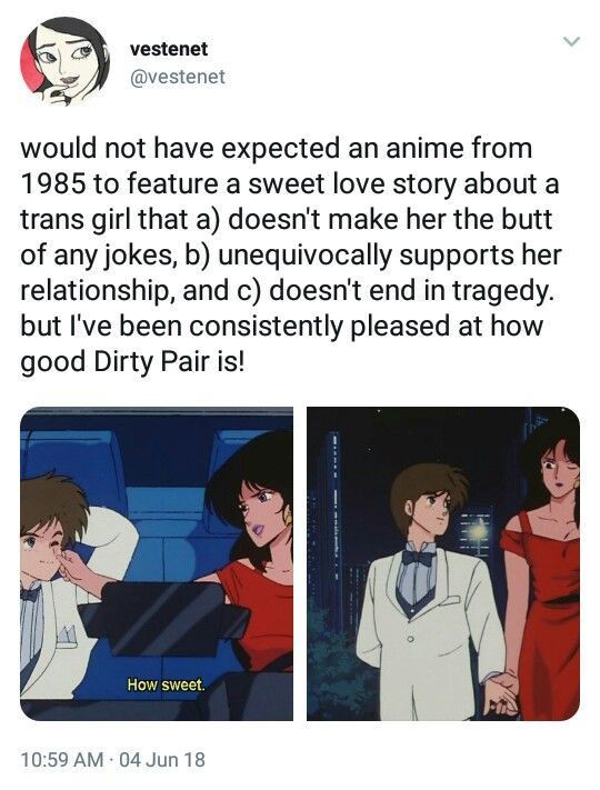 an image of two anime characters with captioning from the same story, one in red dress and another in white shirt