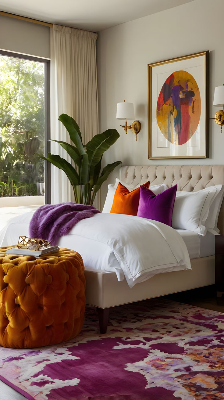 a large bed sitting in a bedroom on top of a purple and white rug next to a window