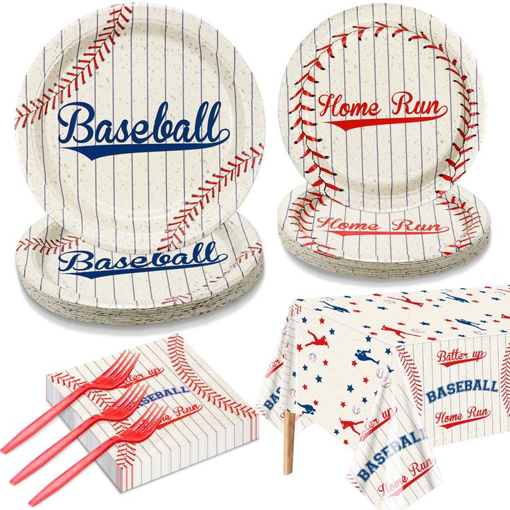 baseball themed paper plates and napkins are shown