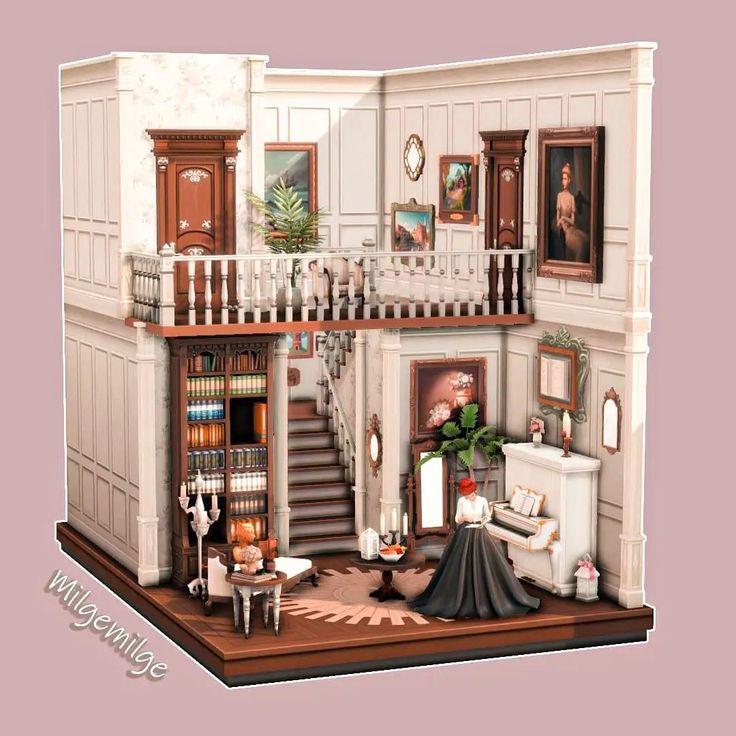 a doll house with furniture and pictures on the walls, stairs to the second floor