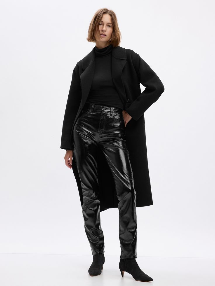 Fit: A slim, ankle-length classic.  More room than our True Skinny, but just as comfortable.  Fabric: 100% Polyester.  Stretch: No-Stretch Pants.  Rise: High Rise Pants.  Look:A five pocket vegan patent leather pant.  Details: Zip fly & five-pocket styling.  Our High Rise Pant has an 11" 28 cm) rise. ​ Fitted through the hip & thigh.  Slim leg.  Ankle-length pants.  13. 25" 34 cm) leg opening. ​ Inseam: Petite 25. 5" 65 cm), Short 26" 66 cm), Regular 27. 5" 70 cm), Long 29. 5" 75 cm), Tall 32" 8