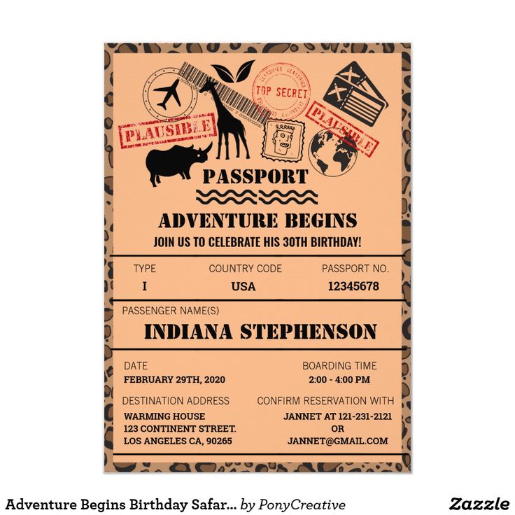 an animal print birthday party ticket with the words passport adventure begins in red and black