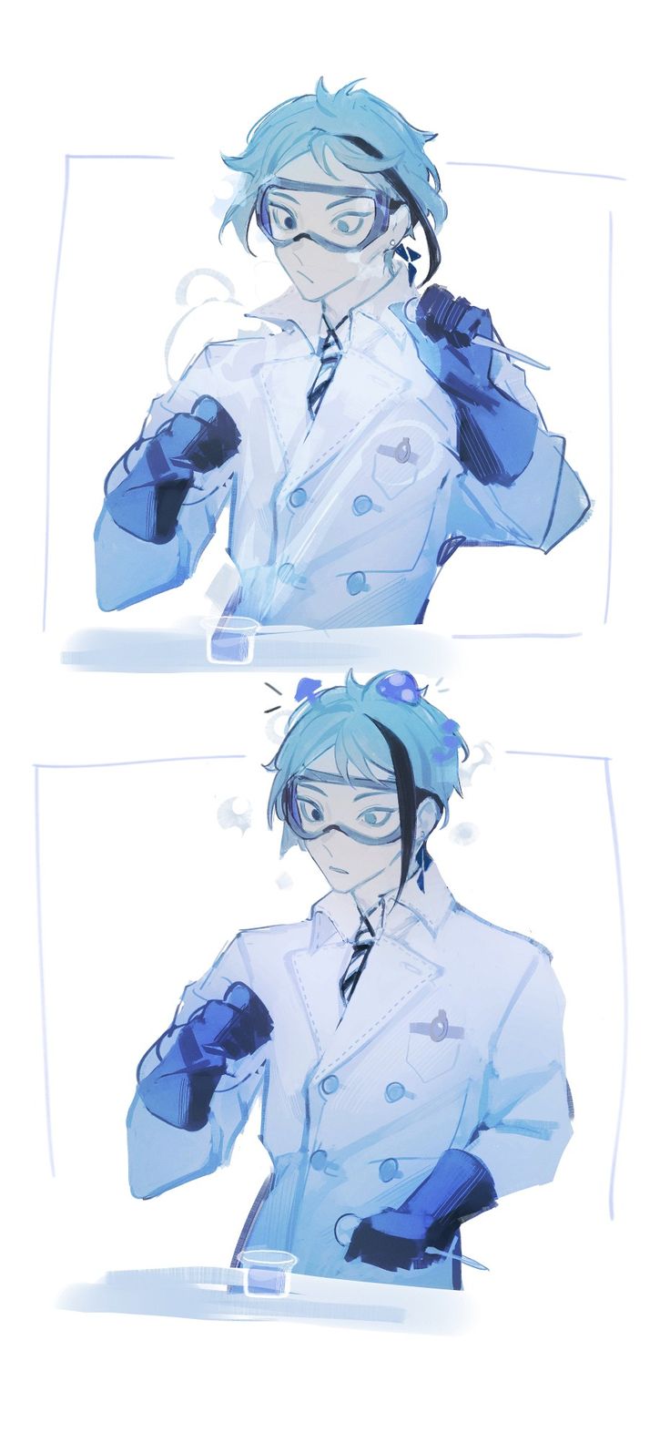 three different views of an anime character with blue hair and glasses, one is wearing a white