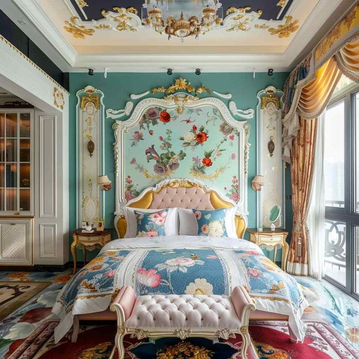 an ornate bedroom with blue walls and gold trimmings on the ceiling, along with colorful carpeting