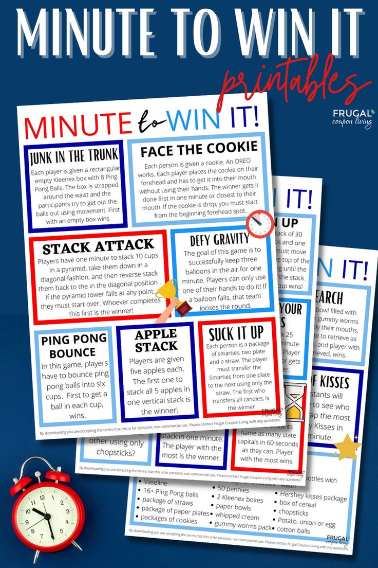 two minute to win it printables for kids and adults, with an alarm clock