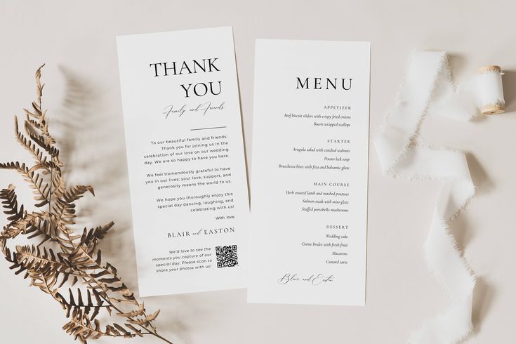 two wedding program cards with the words thank you on them next to a fern branch