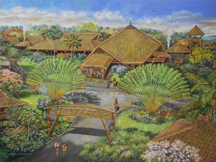 an artist's rendering of a tropical village