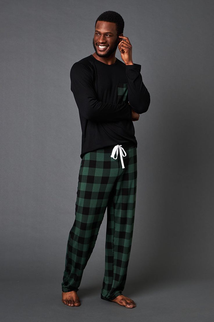 Winter Ready Pajamas in Limited Edition Green Plaid. Cozy up by the fire or lounge in comfort all day in this incredibly soft and breathable pajama set. This set includes pajama pants in our limited edition holiday plaid and a matching ultra-soft long sleeve black shirt with plaid pocket. Made from our signature ultra-soft and moisture-wicking fabric blend. From baby & kid to adult comfort, if you want to be cozy with your crew, check out the full Green Plaid Collection here. Made in Canada. 93% Viscose from Bamboo / 7% Spandex. Fits true to size. Available in S, M, L, XL. S (28-30), M (32-34), L (36-38), XL (40-42). Machine washable and dryer friendly. Winter Sleepwear With Long Pants, Comfortable Winter Sleepwear With Long Pants, Comfortable Sleepwear For Pajama Party In Fall, Casual Winter Sleepwear Loungewear, Casual Winter Sleepwear For Loungewear, Casual Winter Loungewear Sleepwear, Casual Sleepwear Pants For Lounging, Casual Long Pants Sleepwear For Lounging, Green Long Pants Sleepwear For Lounging