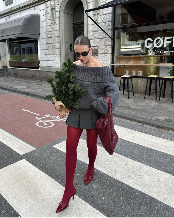 Red Stockings Outfit, Red Tights Outfit, Red Pantyhose, Red Tights, Casual Pullover Sweater, Stockings Outfit, Red Stockings, Little Red Dress, Paris Outfits