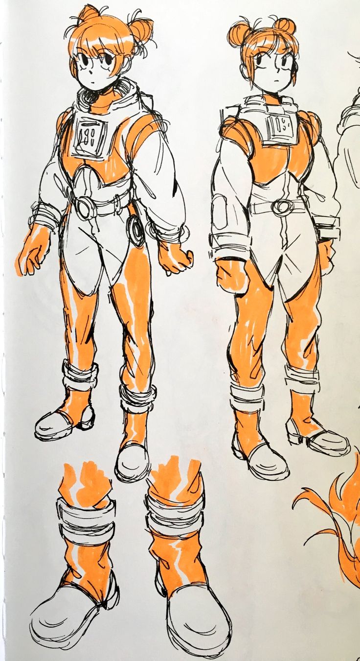 an orange and white drawing of two people in space suits with boots on their feet