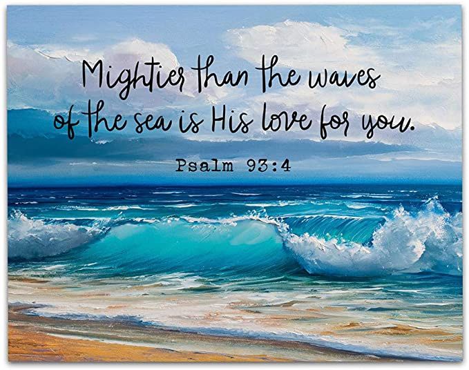 a painting with the bible verse written on it and an ocean scene in the background