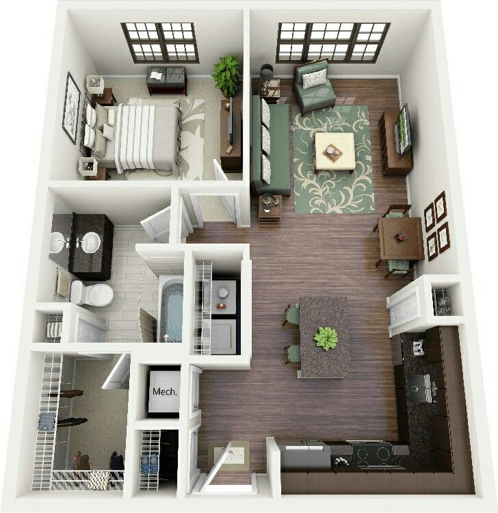 an overhead view of a two bedroom, one bath apartment with living room and dining area