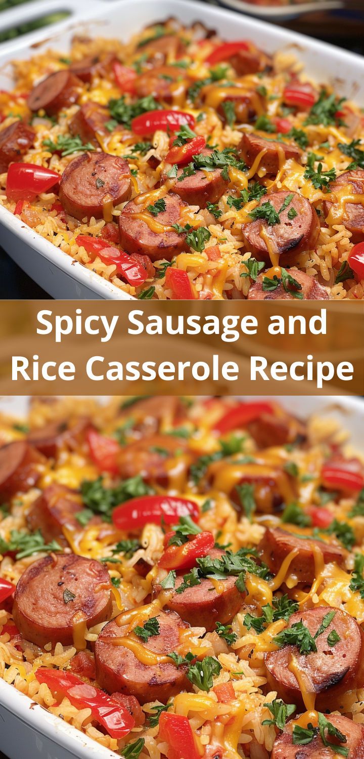 two pictures of a casserole dish with sausages and rice in the middle