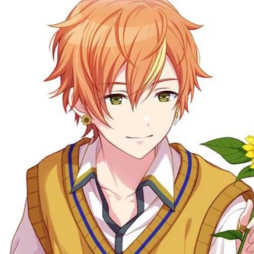 an anime character with orange hair and green eyes holding a yellow flower in his hand