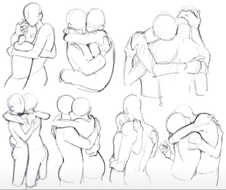 some sketches of people hugging each other in different positions and poses, with one person holding the