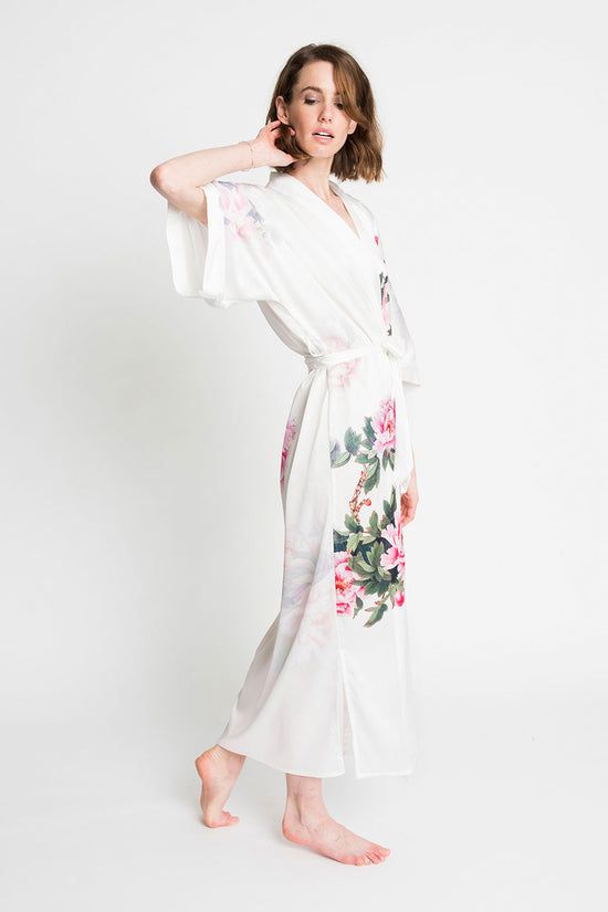 Peony & Bird Long Kimono Robe - Mid-Weight | KIM+ONO – kimandono.com Beach Kimono With Belted Kimono Sleeves, Tie Waist Kimono For Loungewear, Beach Cover-up Kimono With Tie Waist, Beach Kimono With Belt, Daywear Kimono With Kimono Sleeves For Beach, Beachwear Kimono With Kimono Sleeves For Daywear, Belted Kimono With Kimono Sleeves For Vacation, Belted Wrap Kimono For Loungewear, Beachwear Kimono For Daywear