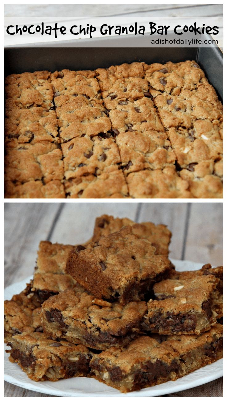 chocolate chip granola bar cookies are stacked on top of each other and ready to be eaten