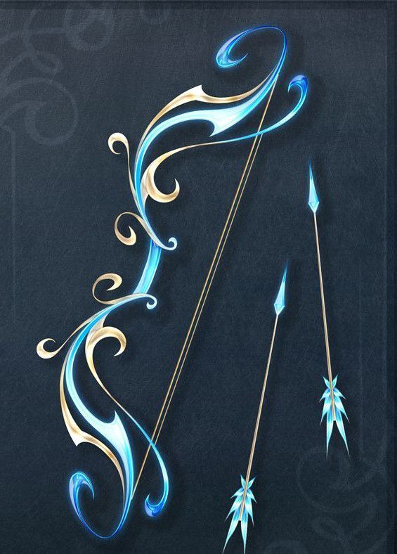 an artistic drawing of a bow and arrow with blue swirls on the side, against a black background