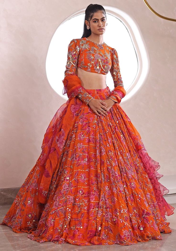 Orange Embroidered Lehenga Set Mahima Mahajan - Fabilicious Fashion Mahima Mahajan, Ruffle Dupatta, Lehenga Style Saree, Indian Bridesmaid Dresses, Lehenga Style, Embroidered Lehenga, Bridal Lehenga, Wedding Wear, Bollywood Fashion