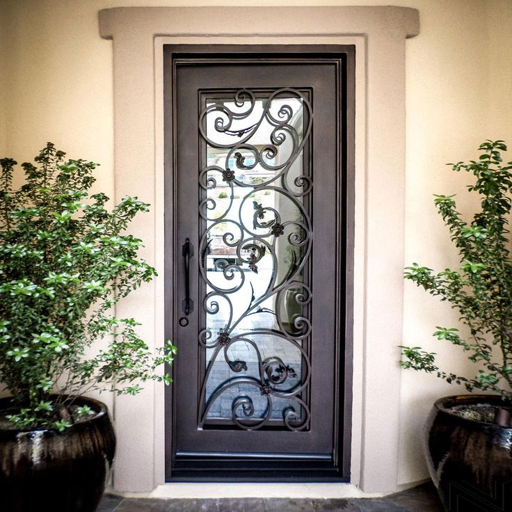 glory wrought iron front single door with clear glass and scrollwork and square top Wrought Iron Doors Front Entrances, Wrought Iron Entry Doors, Wrought Iron Front Door, Single Entry Doors, Iron Front Door, Iron Entry Doors, Elegant Entryway, Double Entry Doors, Wrought Iron Doors