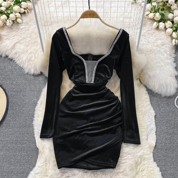 Wrap Dress Long, Velvet Party Dress, Long Sleeve Velvet Dress, Bow Shorts, Drawstring Dresses, Split Dress, Hip Dress, Cheap Dresses, Slim Waist