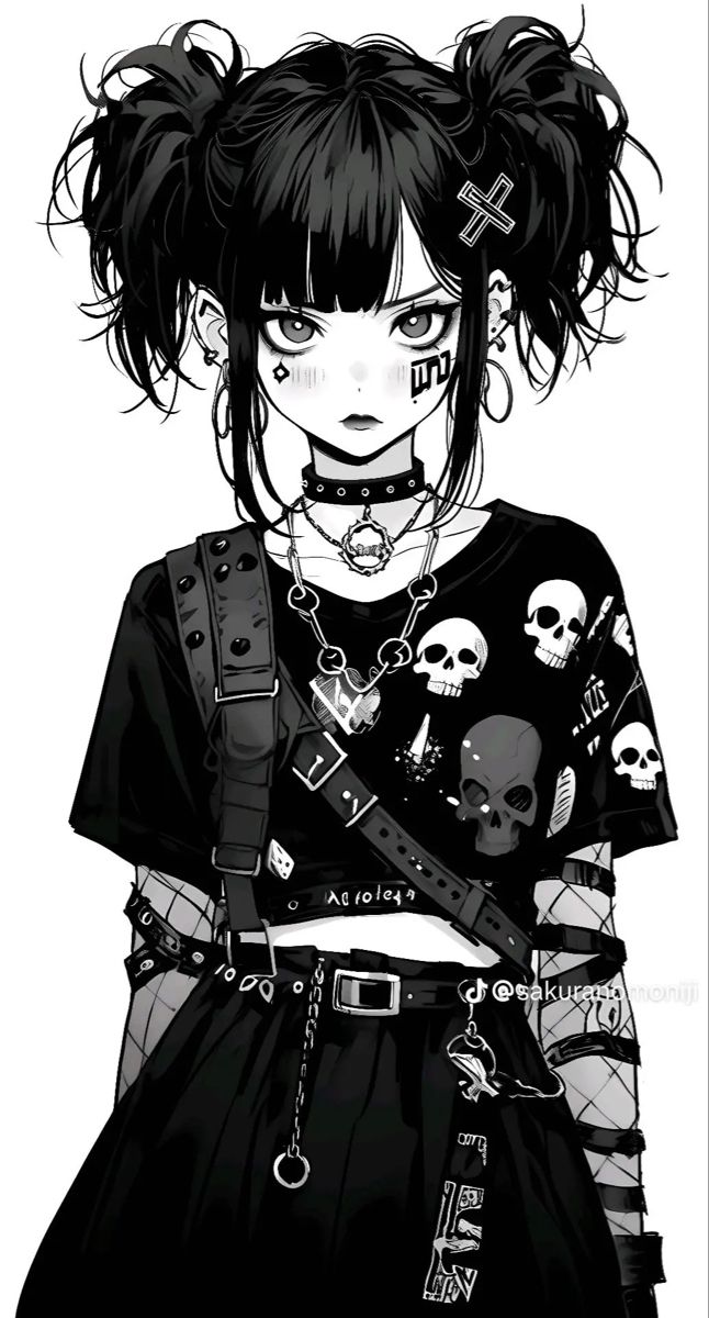 a drawing of a girl with black hair and tattoos on her face, holding a knife