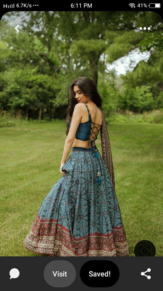 Drape Skirt With Blouse, Poses In Choli, Ajrakh Chaniya Choli, Printed Chaniya Choli, Stylish Lehenga Designs, Blouse And Skirt Outfit, Cotton Lehenga Choli, Lehenga Stitching, Navaratri Chaniya Choli